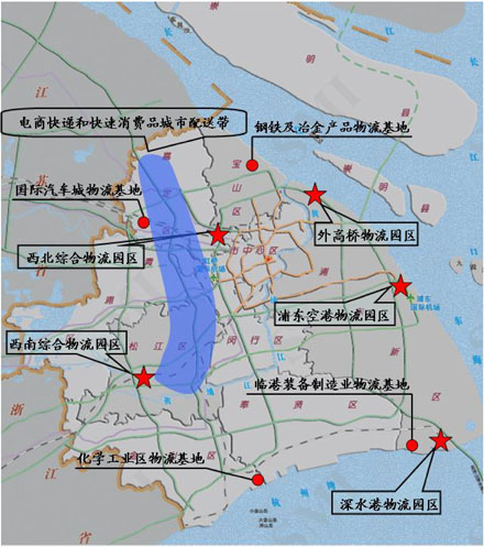 重點物流園區(qū)、重點制造業(yè)物流基地、城市特色配送物流帶布局示意